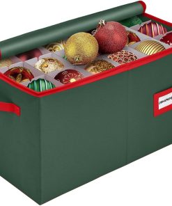 Christmas Ornament Storage Container with Dividers - Box Stores Up to 54 Ornaments. Zippered. Convenient. Adjustable. Large Organizer Bin to Protect Holiday Décor. Fits Most Standard Size. Green